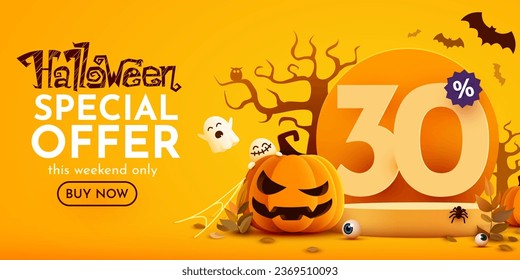 30 por ciento de descuento. Plantilla de banner de venta de Halloween. Podio y números con cantidad de descuento. Oferta especial de octubre. Ilustración vectorial.