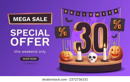 30 percents off. Halloween sale banner template. Podium and numbers with amount of discount. Special October offer. Vector illustration.