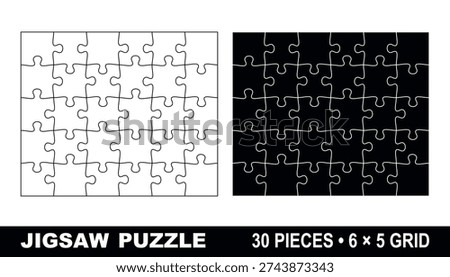 30 pieces jigsaw puzzle template in 6x5 grid rectangle layout with clean outline, editable vector on white background for cutting, laser and print, blank puzzle design for kids game and picture projects