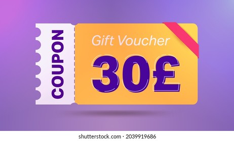 30 Pound coupon promotion sale for website, internet ads, social media.Big sale and super sale coupon code Pound 30 discount gift voucher coupon vector illustration summer offer ends weekend
