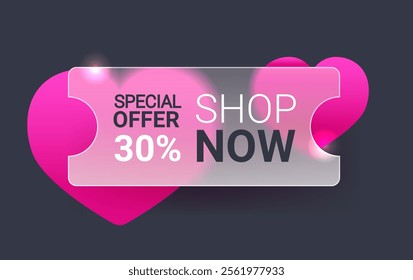 30 presents special offer glass morphism voucher with pink hearts on dark background. Shop now vector panel