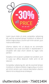 30% price off promo sign on circle with thin bow on side. Advertisement with discount for all purchases sticker and sample text vector illustration.