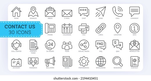 30 Professional Contact Outline Icons. Set of thin line icons of contact and support services. Easy to edit and customize.