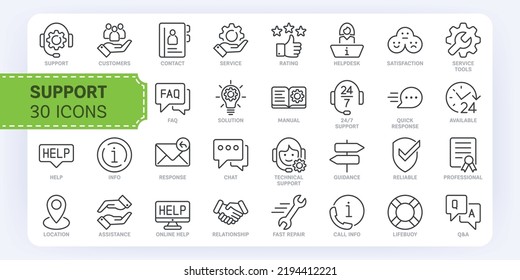 30 Professional Customer Service and Support Outline Icons. Set of thin line icons of support services. Easy to edit and customize.