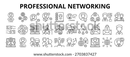 30 Professional Networking Line Icons Vector - Accept Invitation, Contact List, Alumni Network, Job Recommendation, Private Message, Peer Endorsement, Networking Event