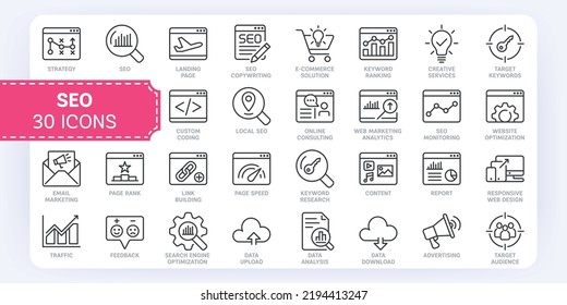 30 Professional SEO Outline Icons. Set of thin line icons of Search Engine Optimization. Easy to edit and customize.