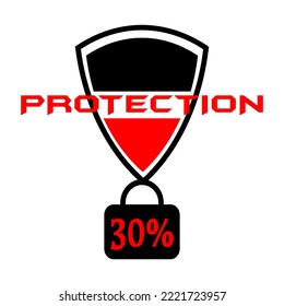 Icono de protección 30%. Icono de escudo de seguridad, rostros con fuente roja, fondo blanco y negro. Ilustración vectorial.