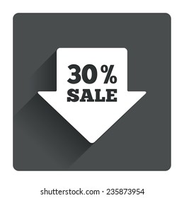 30% sale arrow tag sign icon. Discount symbol. Special offer label. Gray flat square button with shadow. Modern UI website navigation. Vector