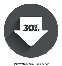 30% sale arrow tag sign icon. Discount symbol. Special offer label. Circle flat button with shadow. Modern UI website navigation. Vector