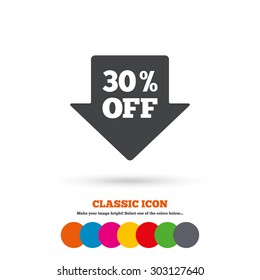 30% sale arrow tag sign icon. Discount symbol. Special offer label. Classic flat icon. Colored circles. Vector