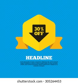 30% sale arrow tag sign icon. Discount symbol. Special offer label. Yellow label tag. Circles seamless pattern on back. Vector