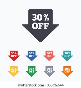 30% sale arrow tag sign icon. Discount symbol. Special offer label. Colored flat icons on white background.