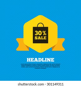 30% sale bag tag sign icon. Discount symbol. Special offer label. Yellow label tag. Circles seamless pattern on back. Vector