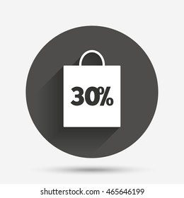 30% sale bag tag sign icon. Discount symbol. Special offer label. Circle flat button with shadow. Vector