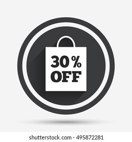 30% sale bag tag sign icon. Discount symbol. Special offer label. Circle flat button with shadow and border. Vector