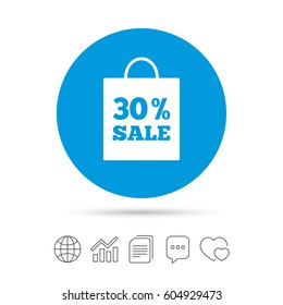30% sale bag tag sign icon. Discount symbol. Special offer label. Copy files, chat speech bubble and chart web icons. Vector
