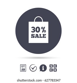 30% sale bag tag sign icon. Discount symbol. Special offer label. Report document, information and check tick icons. Currency exchange. Vector