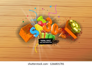 30% of sale an explosion of confetti on wooden background