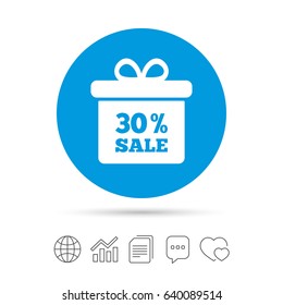 30% sale gift box tag sign icon. Discount symbol. Special offer label. Copy files, chat speech bubble and chart web icons. Vector