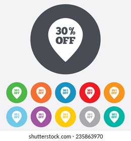 30% sale pointer tag sign icon. Discount symbol. Special offer label. Round colourful 11 buttons. Vector