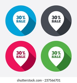 30% sale pointer tag sign icon. Discount symbol. Special offer label. Circle buttons with long shadow. 4 icons set. Vector