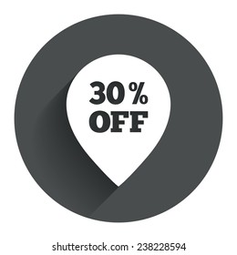 30% sale pointer tag sign icon. Discount symbol. Special offer label. Circle flat button with shadow. Modern UI website navigation. Vector