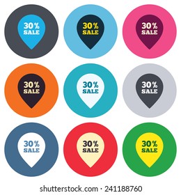 30% sale pointer tag sign icon. Discount symbol. Special offer label. Colored round buttons. Flat design circle icons set. Vector