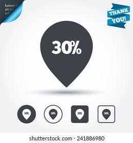 30% sale pointer tag sign icon. Discount symbol. Special offer label. Circle and square buttons. Flat design set. Thank you ribbon. Vector