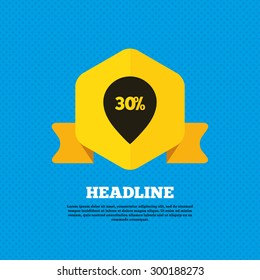30% sale pointer tag sign icon. Discount symbol. Special offer label. Yellow label tag. Circles seamless pattern on back. Vector