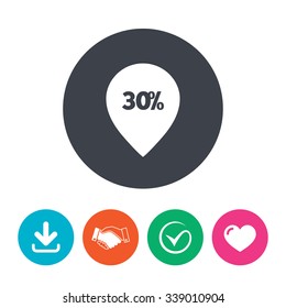 30% sale pointer tag sign icon. Discount symbol. Special offer label. Download arrow, handshake, tick and heart. Flat circle buttons.