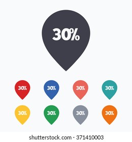30% sale pointer tag sign icon. Discount symbol. Special offer label. Colored flat icons on white background.