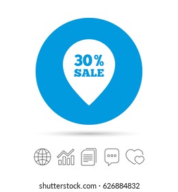 30% sale pointer tag sign icon. Discount symbol. Special offer label. Copy files, chat speech bubble and chart web icons. Vector