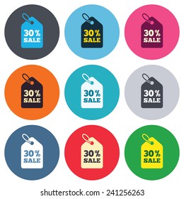 30% sale price tag sign icon. Discount symbol. Special offer label. Colored round buttons. Flat design circle icons set. Vector