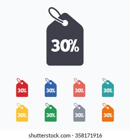 30% sale price tag sign icon. Discount symbol. Special offer label. Colored flat icons on white background.