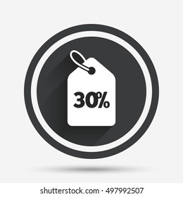 30% sale price tag sign icon. Discount symbol. Special offer label. Circle flat button with shadow and border. Vector