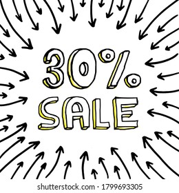 30% sale. Square size hand-drawn doodle style poster.