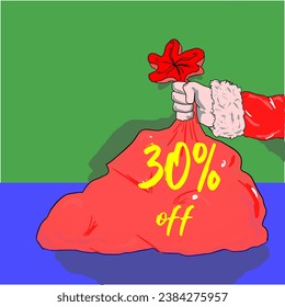 30% santa claus holding a christmas bag on sale discount percentage holiday december red yellow golden green blue