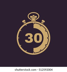 The 30 seconds, minutes stopwatch icon. Clock and watch, timer, countdown, stopwatch symbol. UI. Web. Logo. Sign. Flat design. App. Stock vector
