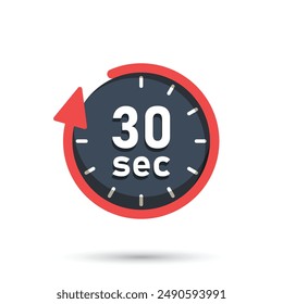 30 seconds on stopwatch icon in flat style. Clock face timer vector illustration on isolated background. Countdown sign business concept.