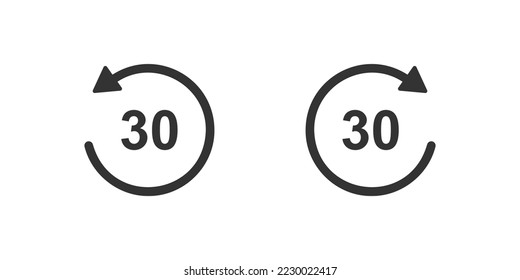 30 seconds rewind and fast forward icons with circle arrows. Round repeat and next buttons isolated on white background. Audio or video player playback elements. Vector graphic illustration