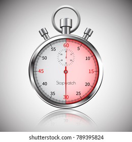 30 seconds. Silver realistic stopwatch with reflection. Vector.