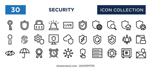 30 iconos de línea centrados en la seguridad que cubren la protección, la seguridad y la seguridad en línea. Perfecto para Sitios web, App y presentaciones.