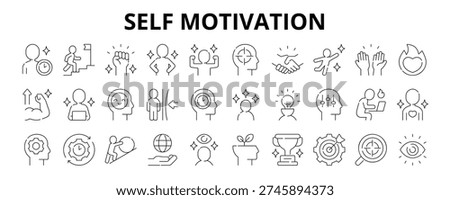 30 Self Motivation Line Icons Vector - Discipline, Persistence, Determination, Confidence, Courage, Focus, Commitment
