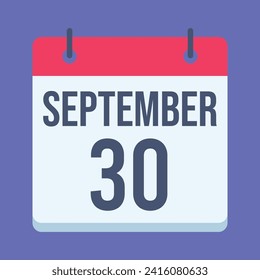 Calendario del 30 de septiembre. Fondo Azul. Calendario de vectores.
