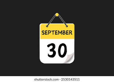 30 September calendar icon text page monthly web design on yellow, red, black, and white background vector, icon, or illustration with the month of September 30