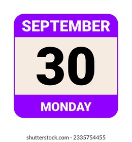 30 de septiembre, lunes. Plantilla de fecha. Diseño útil para la promoción de calendarios o eventos. Ilustración vectorial Archivo EPS 10. Aislado sobre fondo blanco. 