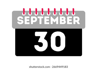 30. September Monat einzelne Tag Vektor, Illustration, Kalender mit Asche, schwarz, rot und weiß Farbe Hintergrund Kalender Symbol von September 30