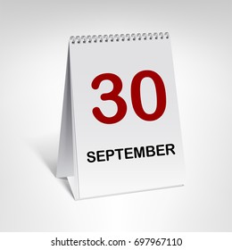 30 September. Spiral calendar vector illustration. Vertical table calendar with date isolated on white background.