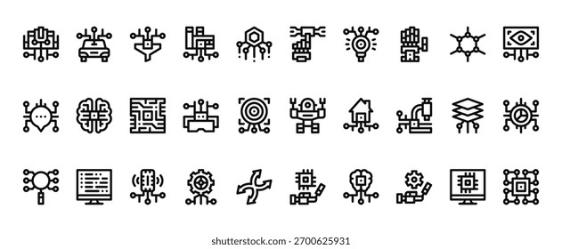 30 set of outline web artificial intelligence icons such as autonomous car, interaction, chat, robot, search, artificial intelligence vector thin icons for report, presentation, diagram, web design,