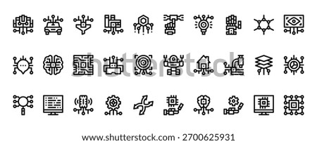 30 set of outline web artificial intelligence icons such as autonomous car, interaction, chat, robot, search, artificial intelligence vector thin icons for report, presentation, diagram, web design,
